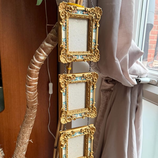 Vintage-Style Triple Hanging Picture Frames, Heavy Ornate Resin, Gold Gilt & Enamel Floral Design