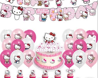 Hello-Kitty Cat Kids Girls Pink Birthday Party Decor, Banner, Balloons, Cupcake Toppers, Cake Topper