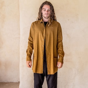 Axial Linen shirt Tumeric, shirt, button down, linen shirt, mens shirt, light weight jacket, linen jacket, primative shirt, casual shirt. image 1