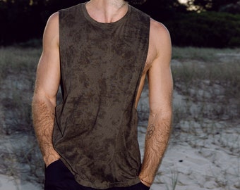 Green Wash Men's Tank Top: Hand-Dyed Cotton Bamboo Sleeveless Tee