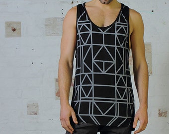 Men's Geo Tank - Men's Tank, Black Tank, Geometric Print, fitted Tank, Mens singlet.