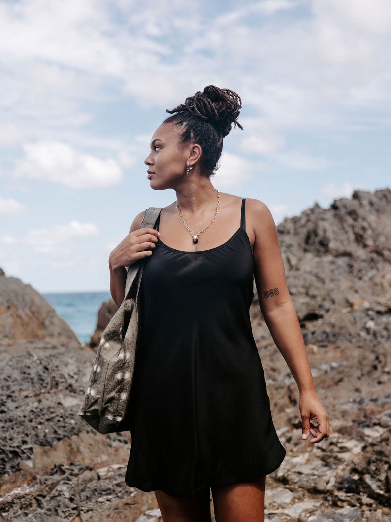 Black Silk Slip Dress: 100% Silk Crepe, Scoop Neck image 7