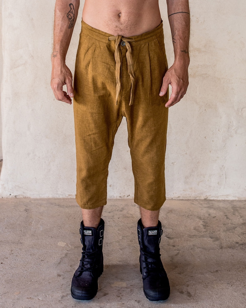 Linen pants Tumeric, casual linen, slouch pants, pleated pants, casual pants, unisex pants, lounge pants, capri pants, long shorts. zdjęcie 3