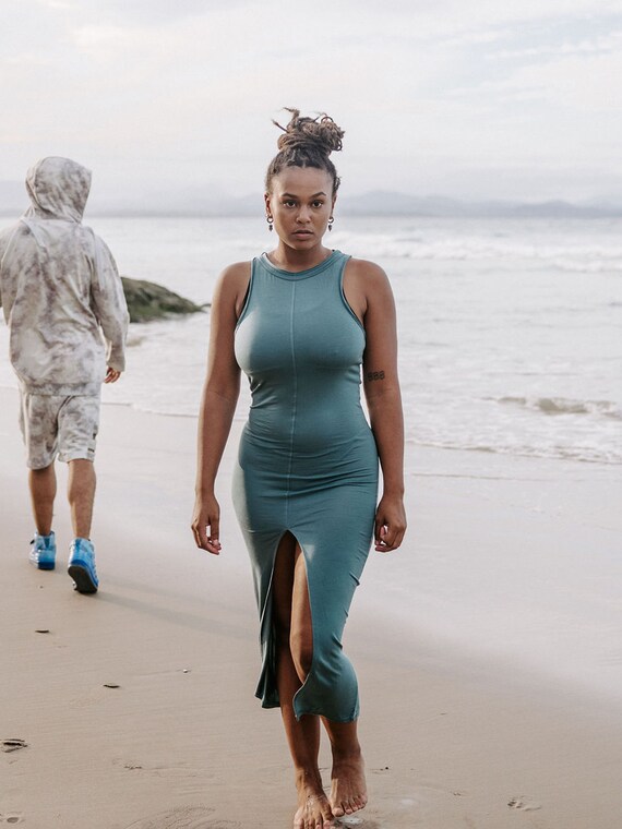 Teal Tank Dress: Lyocell Eco Fabric, High Split Summer Dress