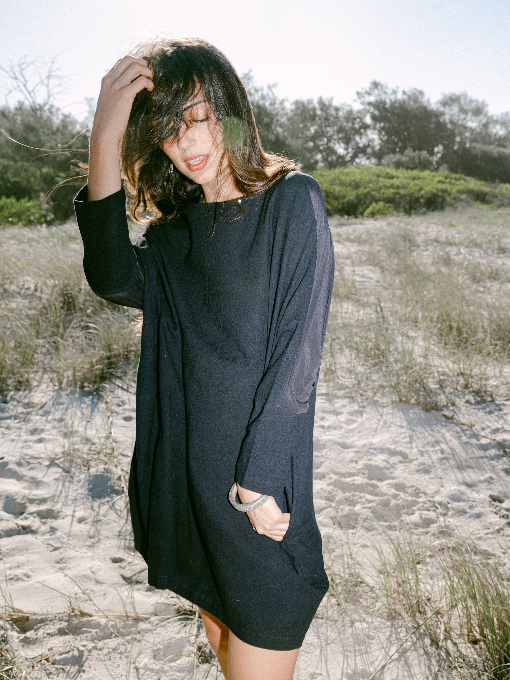 Black Linen Maxi Dress: Long Sleeve Oversized Dress with Pockets