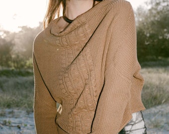 Coco Zopfmuster - Golden, Langarmshirt, leichter Pullover, Zopfmuster, Zopfmuster, Baumwollpullover, Taupe Baumwolltop.