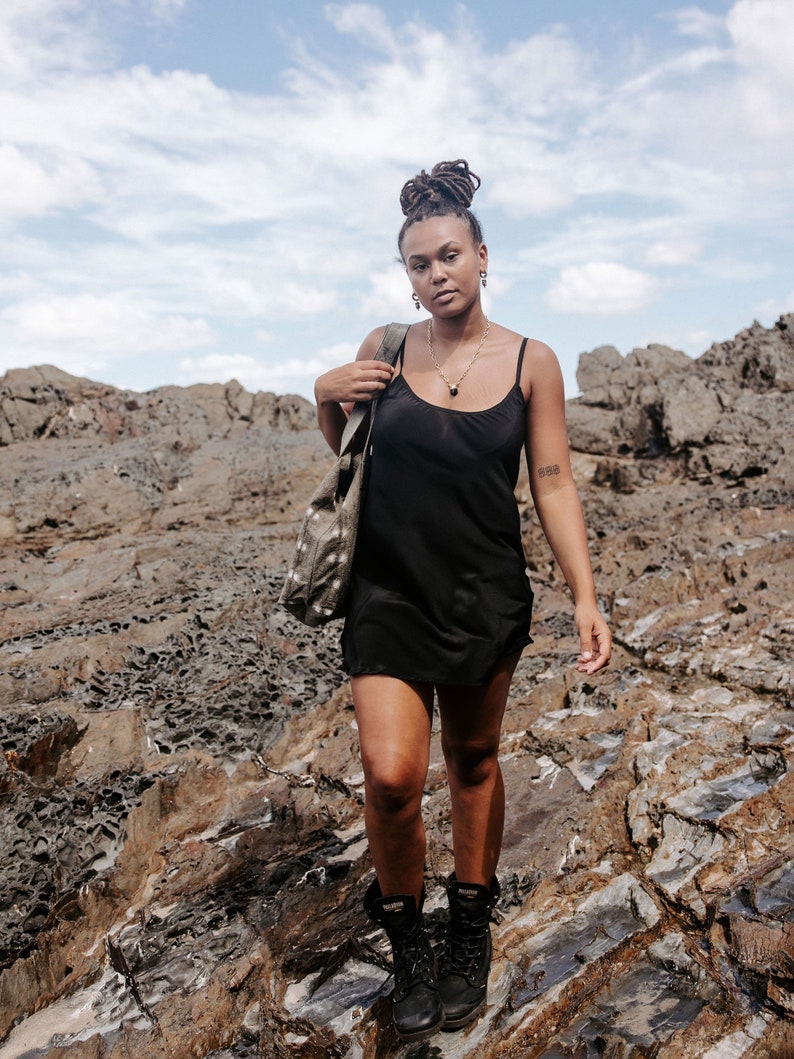 Black Silk Slip Dress: 100% Silk Crepe, Scoop Neck image 3
