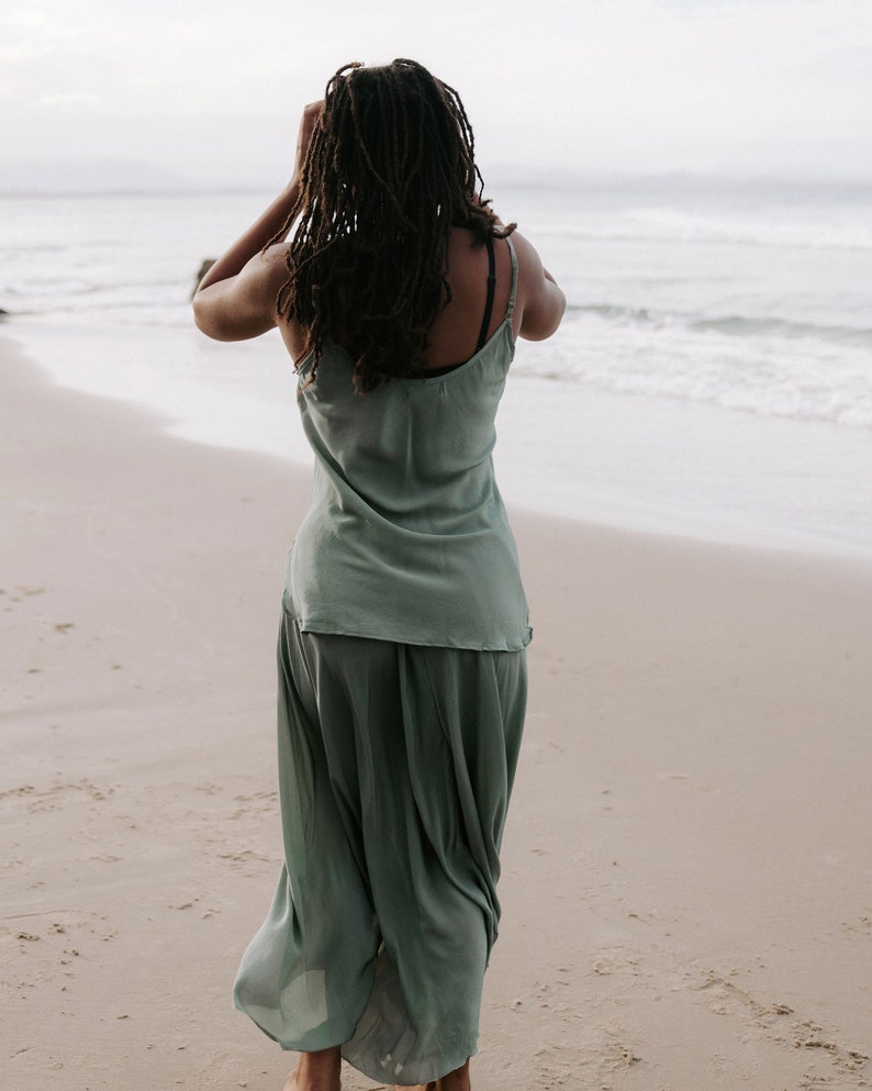 Ocean Silk Peony Skirt Long silk Skirt, green skirt, Maxi skirt, long skirt, full silk skirt, green silk skirt, asymmetrical skirt. image 8