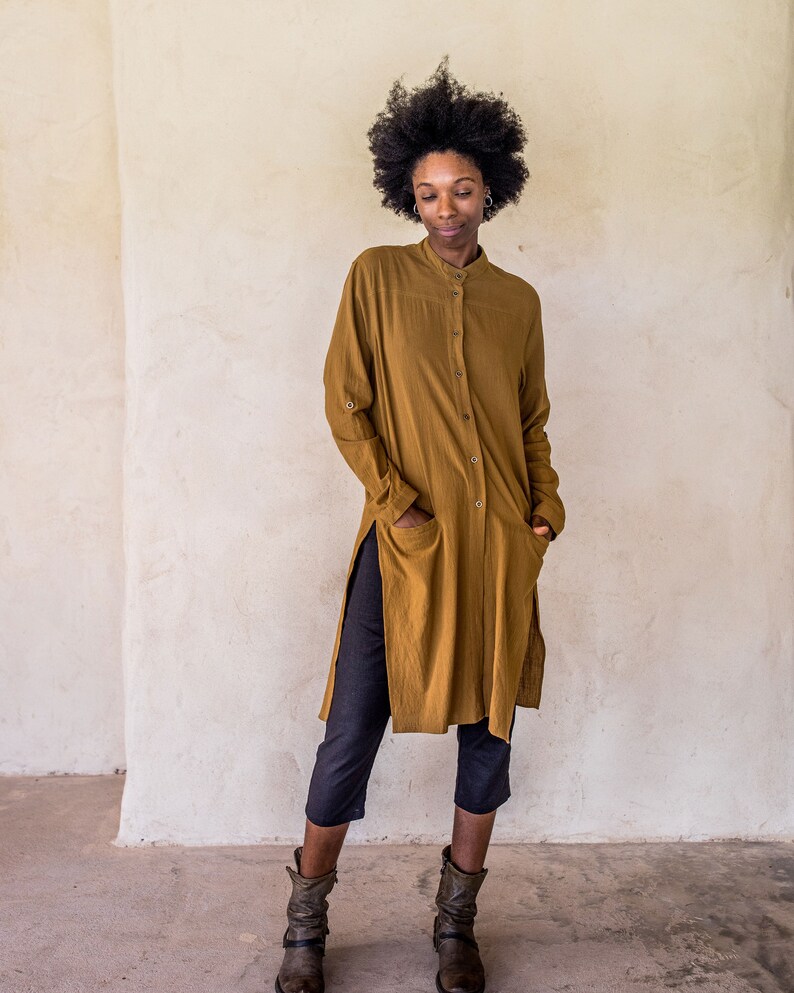 Brooklyn Long Shirt Tumeric, Unisex shirt, long sleeve shirt, shirt dress, kaftan, long shirt with splits, button up long shirt, shirt. image 9