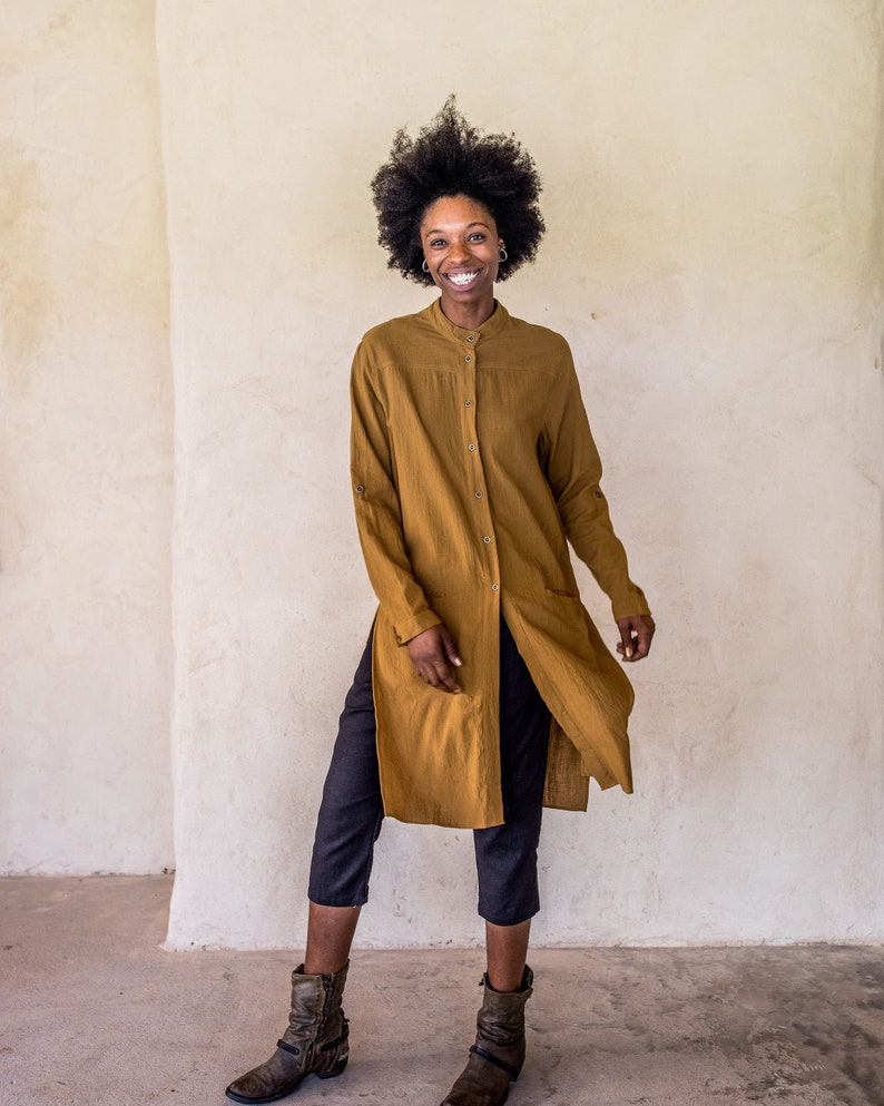 Brooklyn Long Shirt Tumeric, Unisex shirt, long sleeve shirt, shirt dress, kaftan, long shirt with splits, button up long shirt, shirt. image 6