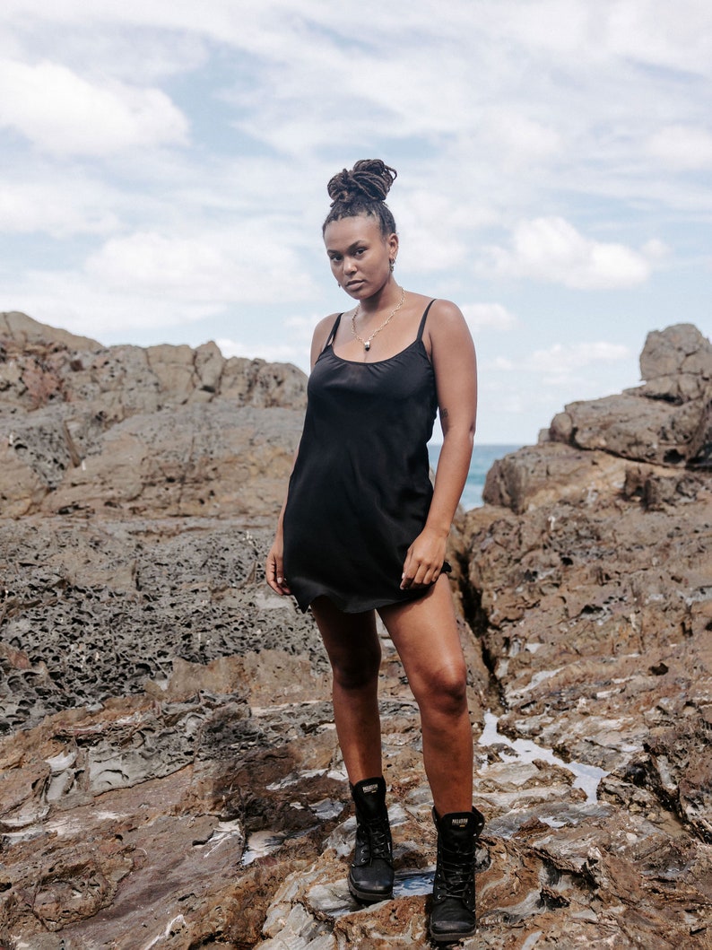 Black Silk Slip Dress: 100% Silk Crepe, Scoop Neck image 5