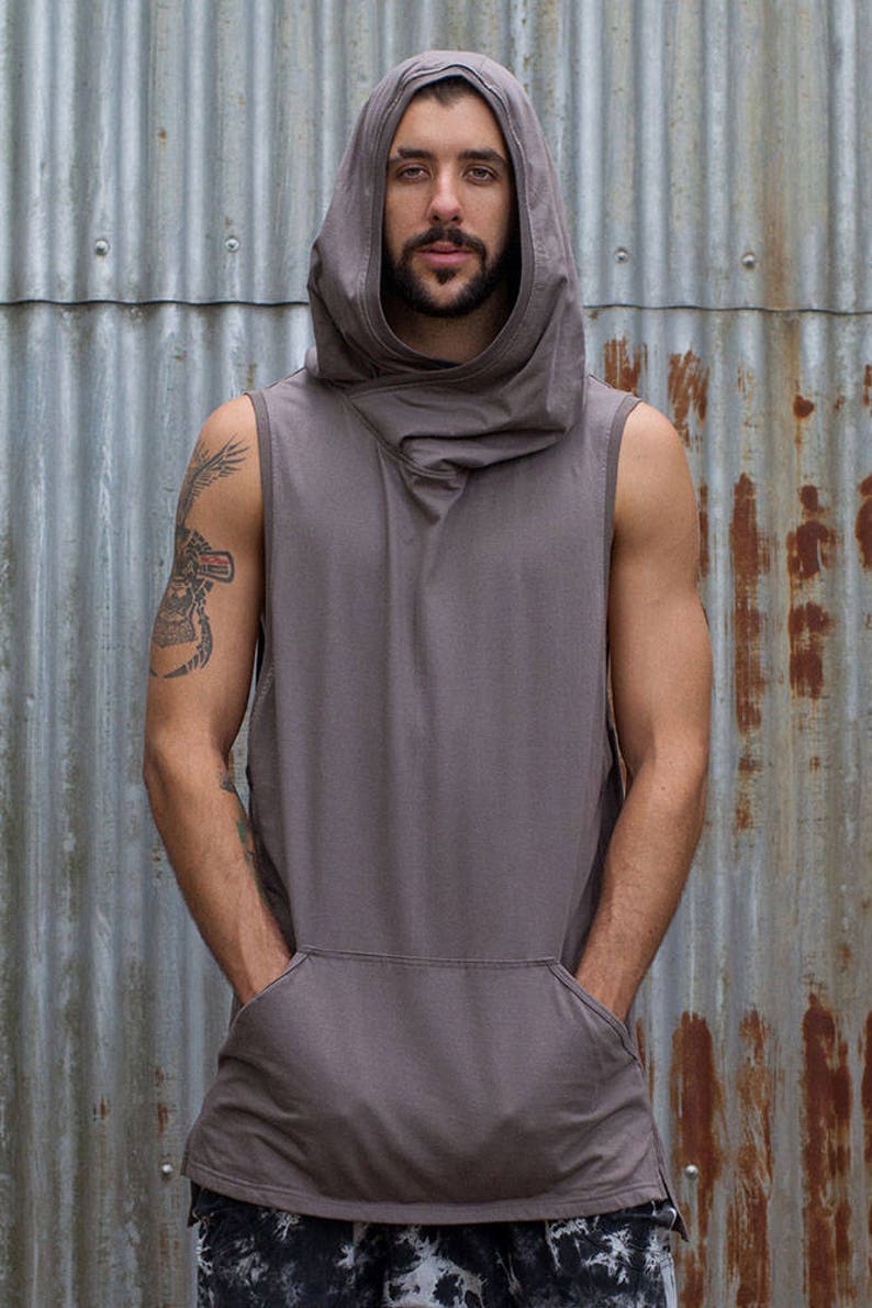 Hooded Tank Grey Black Tank, Hoody, Tank, Mens Tank. image 4