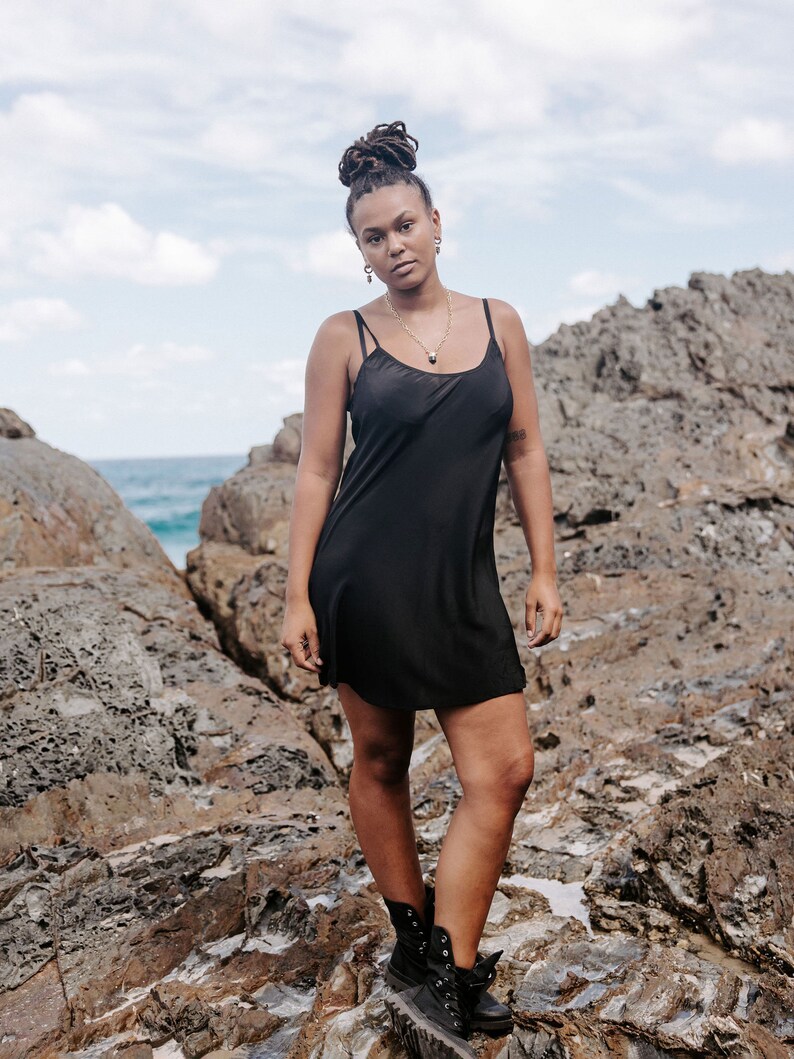 Black Silk Slip Dress: 100% Silk Crepe, Scoop Neck image 8