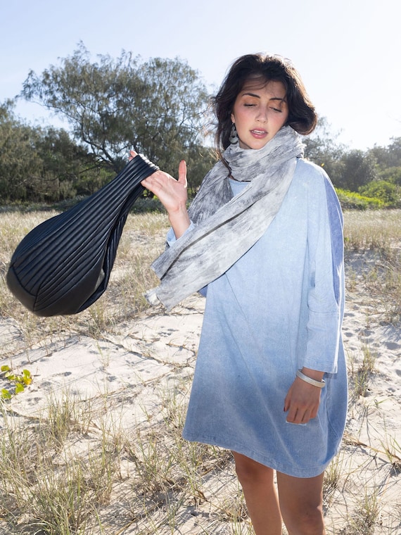 Oversized Denim Linen Maxi Dress: Long Sleeve Stonewashed Dress with Pockets