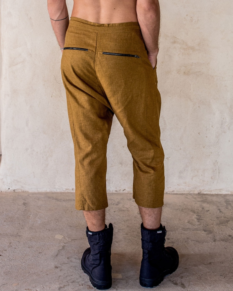 Linen pants Tumeric, casual linen, slouch pants, pleated pants, casual pants, unisex pants, lounge pants, capri pants, long shorts. zdjęcie 4