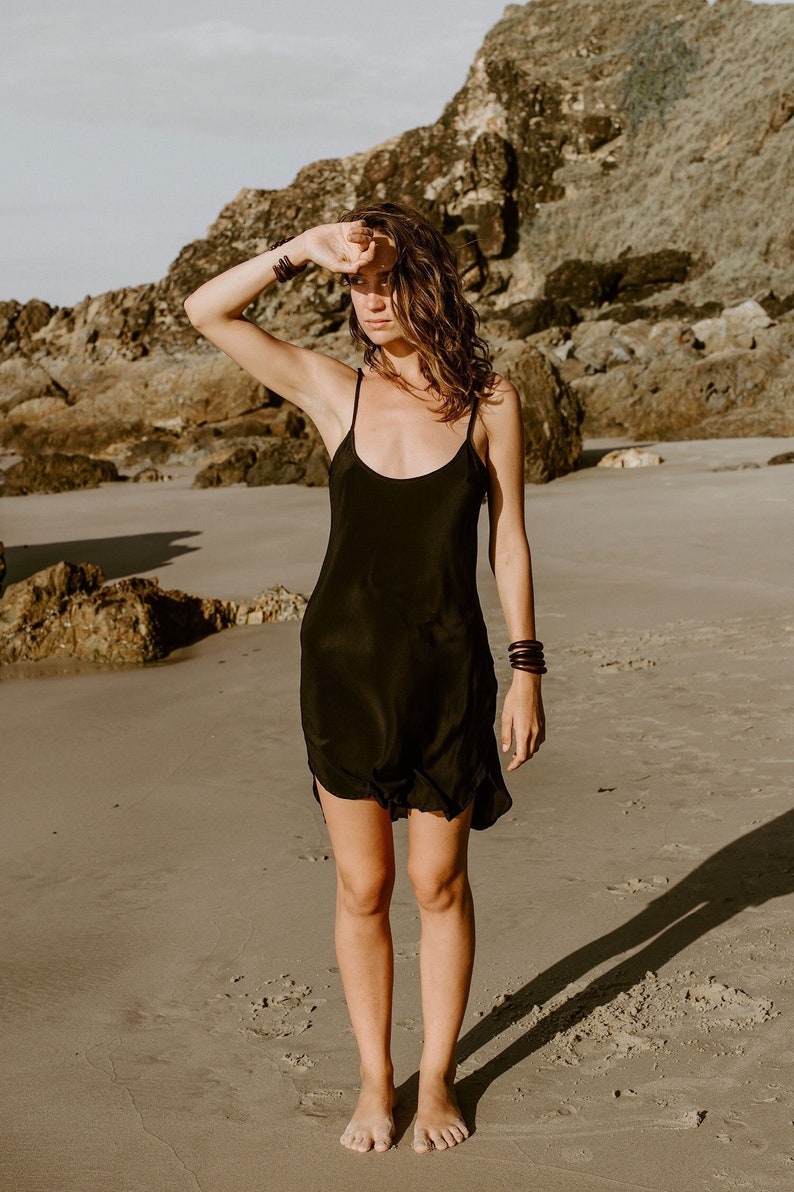 Black Silk Slip Dress: 100% Silk Crepe, Scoop Neck image 1