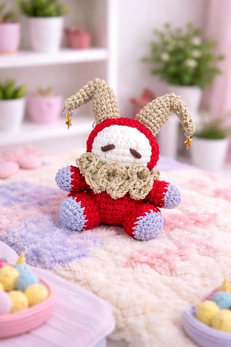 May include: A handmade crochet jester doll in red, white, and tan. The doll has a red body, white face, and tan jester hat with gold star charms. The doll is sitting on a colorful, fluffy blanket.
