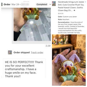 May include: Handmade crochet jester doll keychain. The plush toy features a pastel color palette with a lavender hat, purple eyes, and a turquoise/seafoam outfit. The jester has gold accents and is a cute, gothic clown design.