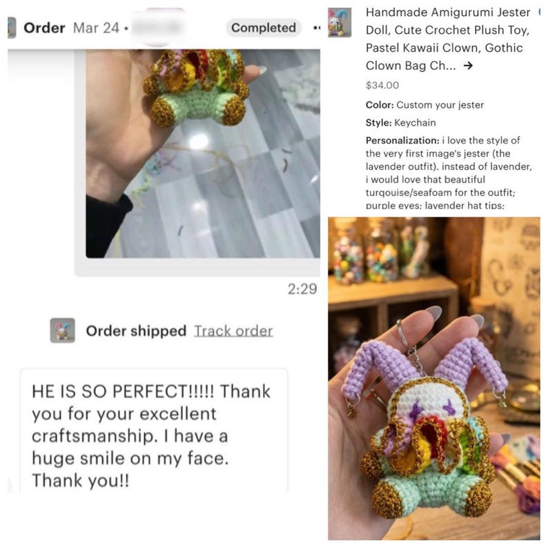 May include: Handmade crochet jester doll keychain. The plush toy features a pastel color palette with a lavender hat, purple eyes, and a turquoise/seafoam outfit. The jester has gold accents and is a cute, gothic clown design.