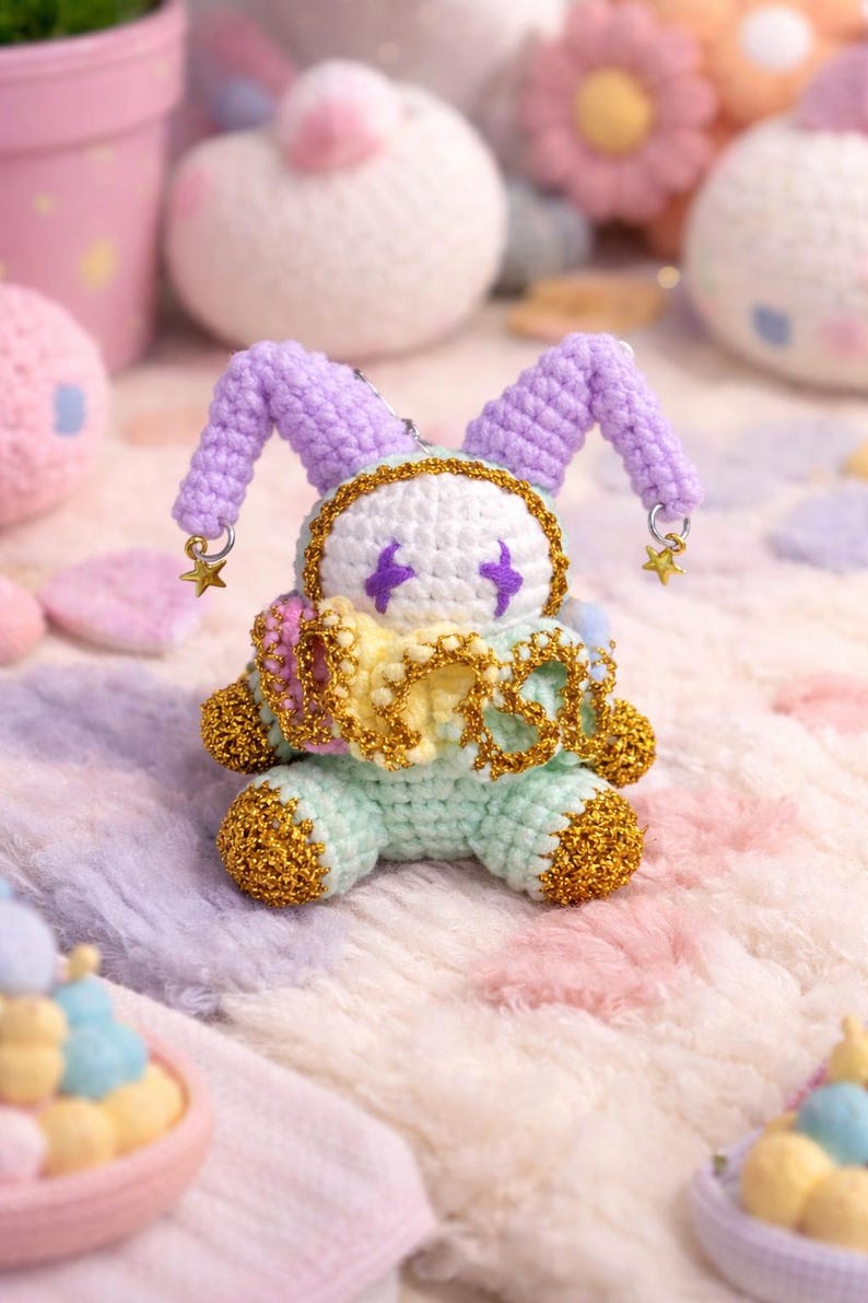 May include: A handmade crochet doll in pastel colors. The doll has a white face with purple accents, lavender ears, and gold trim. It is adorned with a gold star charm and is sitting on a soft, multi-colored surface. Other crochet items are in the background.