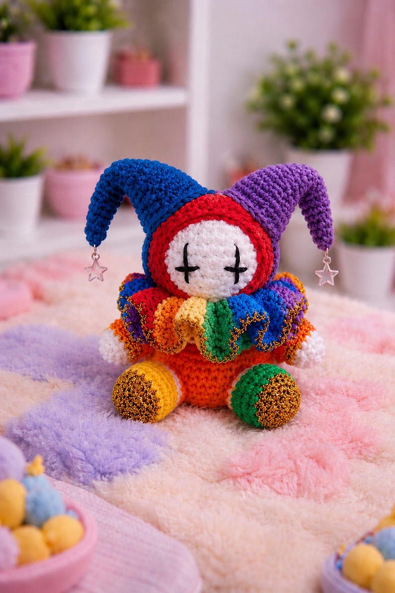 May include: A handmade crochet jester doll with a blue and purple hat, red and white face, and a rainbow collar. The doll has gold accents and star-shaped charms hanging from the hat. The doll is sitting on a colorful, plush rug.