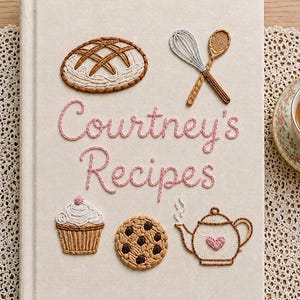 May include: A cream-colored fabric-covered recipe book featuring pink embroidered text that reads Courtney's Recipes. The cover is decorated with embroidered motifs of a loaf of bread, a whisk, a spoon, a cupcake, a cookie, and a teapot.