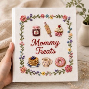 May include: A white book cover embroidered with a floral border and the words "Mommy Treats" in red script. The cover features embroidered images of baked goods, including a jar of jam, rolling pin, cupcake, pancakes, coffee cup, and donut.
