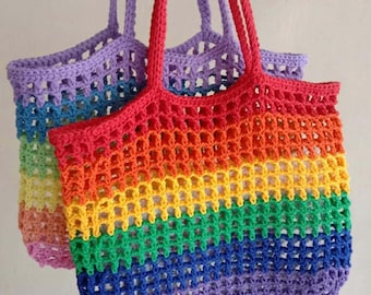 Personalized Rainbow Crochet Tote Bag, Handmade Mesh Market Bag, Pastel Striped Shoulder Bag, Boho Summer Beach Bag, Custom ur own tote