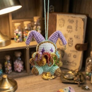 May include: A handmade crochet clown ornament with lavender ears, a white face, and a mint green body. The clown has gold trim and colorful accents. A small gold star charm hangs from each ear. The ornament is suspended by a mint green string.