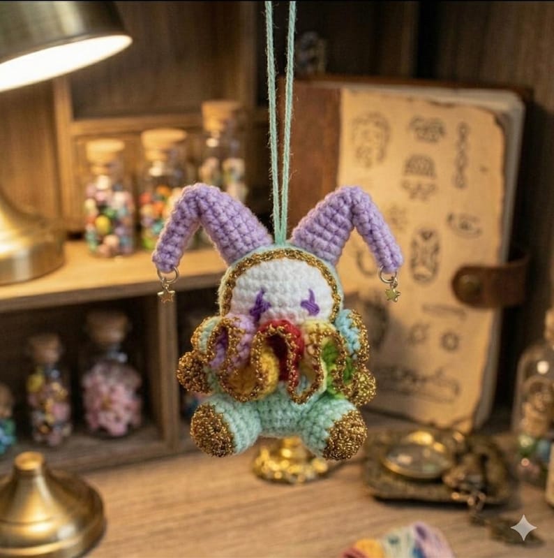 May include: A handmade crochet clown ornament with lavender ears, a white face, and a mint green body. The clown has gold trim and colorful accents. A small gold star charm hangs from each ear. The ornament is suspended by a mint green string.