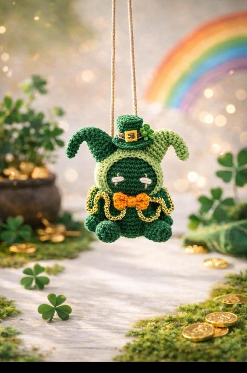 May include: A handmade green crochet leprechaun doll with a small hat and orange bow tie. The doll is suspended by a string against a backdrop of a rainbow, shamrocks, and gold coins, evoking a St. Patrick's Day theme.