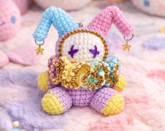 Handmade Amigurumi Jester Doll, Cute Crochet Plush Toy, Pastel Kawaii Clown, Gothic Clown Bag Charm, Soft Handmade Keychain