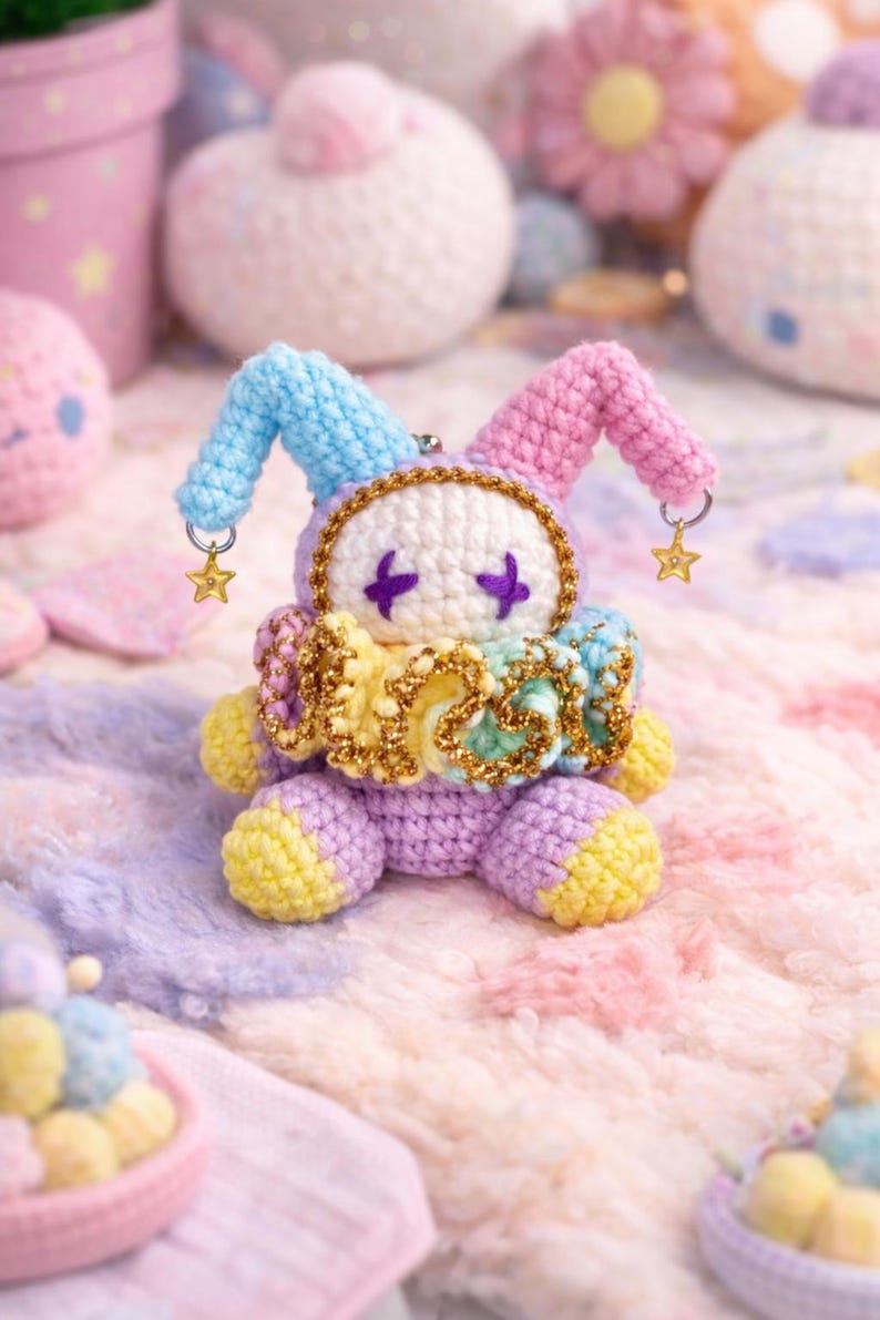 May include: A handmade crochet jester doll in pastel colors. The doll features a purple body, yellow feet, a ruffled collar, and a blue and pink hat. Gold star charms dangle from the hat. The doll is surrounded by other crochet items.