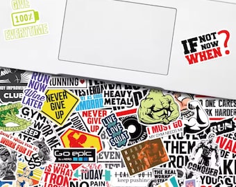 May include: A selection of vibrant stickers with motivational slogans and fitness-themed illustrations. The stickers display phrases such as "Give 100% Everytime," "Never Give Up," and "If Not Now When?" The stickers are on a white surface.