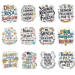 May include: A collection of colorful, hand-lettered inspirational quotes in Spanish. Each design features unique fonts, illustrations, and decorative elements like rainbows, flowers, and doves. The quotes are set against a white background.