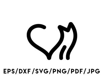 Heart Cat Design Instant Download Svg, Eps, Dxf, Png, Pdf, Jpg digital download