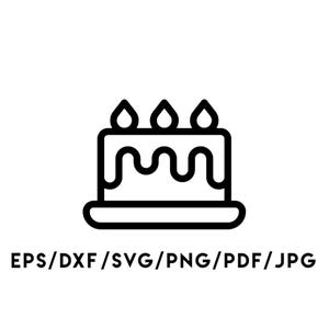 Può includere: Illustrazione in bianco e nero di una torta con tre candele sopra. La torta ha un design ondulato sul lato. Sotto la torta ci sono le parole: EPS/DXF/SVG/PNG/PDF/JPG.