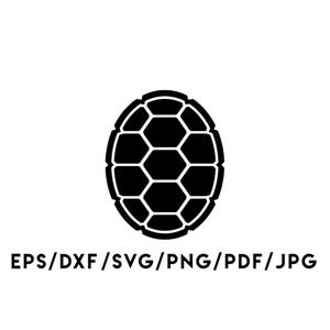 Puede incluir: Gráfico en blanco y negro de un caparazón de tortuga. El caparazón es de forma ovalada y está compuesto por formas hexagonales y pentagonales. Debajo, el texto dice: EPS/DXF/SVG/PNG/PDF/JPG.
