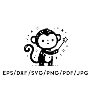 May include: Black and white cartoon illustration of a monkey holding a star-tipped wand, surrounded by stars. The monkey has a round face, large ears, and a curly tail. Text at the bottom reads: EPS/DXF/SVG/PNG/PDF/JPG.