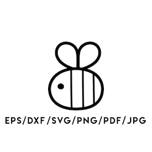 Puede incluir: Dibujo lineal en blanco y negro de una abeja. La abeja tiene un cuerpo redondeado con tres rayas verticales y dos líneas curvas para las alas. El texto "EPS/DXF/SVG/PNG/PDF/JPG" está debajo.