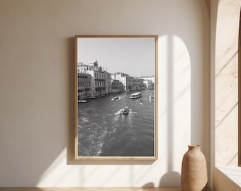 Impresión fotográfica en blanco y negro de canales de Venecia: Decoración de viajes por Italia (Descarga digital)