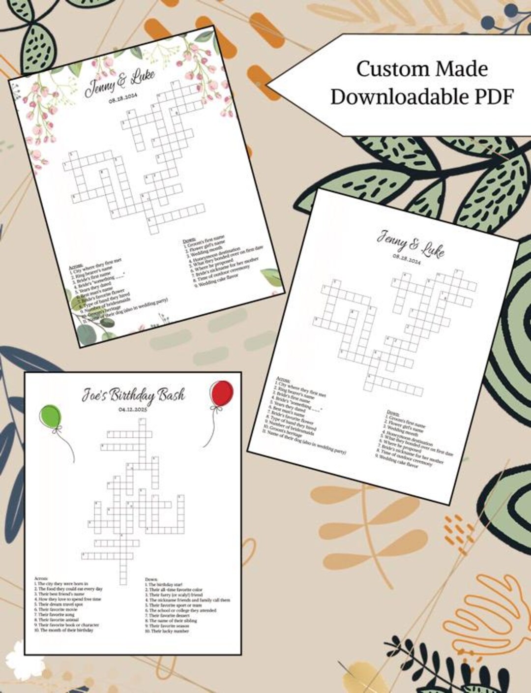 Custom Crosswords Custom Crossword Puzzle: Personalized Wedding, Birthday, or Shower Game ...