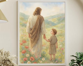 Impresión en acuarela de Jesús y el Niño: arte mural cristiano, arte mural SUD, obra religiosa inspiradora, descarga digital