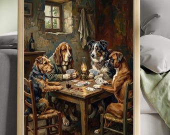 Vintage New Orleans Dogs Playing Poker Oil Painting Print | Funny Dog Wall Art | Museum-Quality Matte Poster