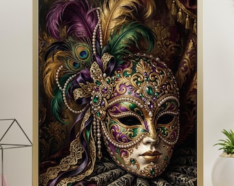 Vintage Mardi Gras Mask Oil Painting Print | Dramatic Carnival Wall Art | Semi-Gloss Poster