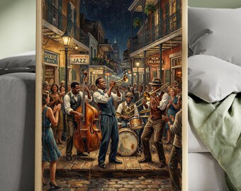 New Orleans jazzolieverfschilderij, Franse wijk muziek muurkunst (digitale download)