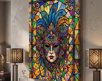 Stained Glass Mardi Gras Mask Canvas Art | Vibrant New Orleans Wall Decor | Colorful Masquerade Print | Unique Carnival Gift