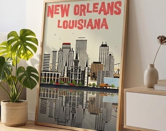 New Orleans Skyline Poster | Retro NOLA Cityscape Wall Art | Vintage Louisiana Travel Print | Premium Semi Gloss Paper