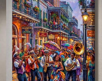 New Orleans Second Line Canvas Art | Bourbon Street Jazz Wall Decor | French Quarter Parade Print | NOLA Music Lover Gift | Hand Stretched