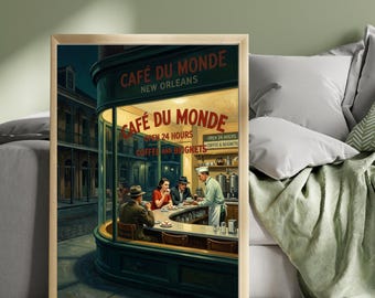 Vintage New Orleans Art Print | Cafe Du Monde Nighthawks Poster | Mid Century Modern Wall Art | Premium Semi Gloss Print